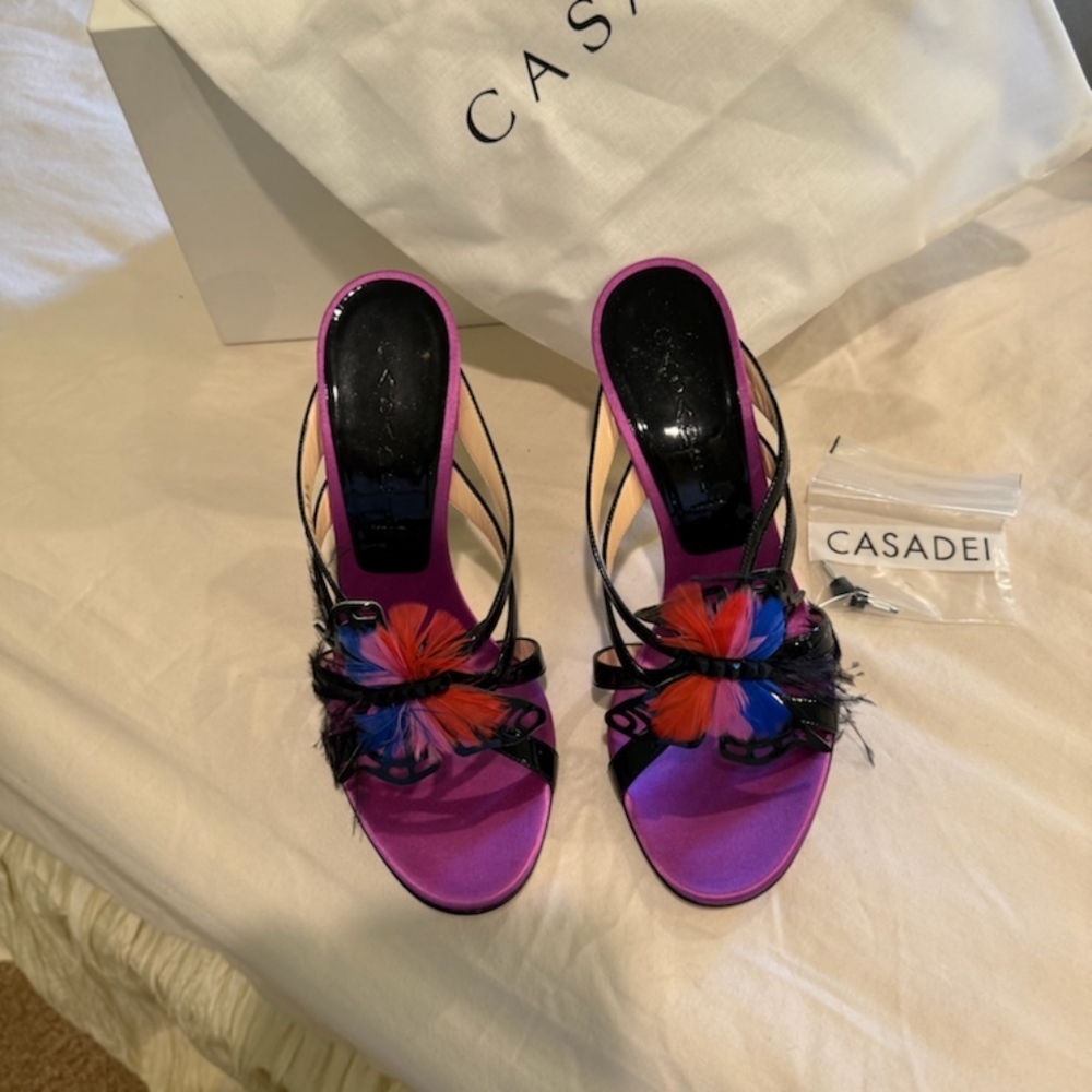 Casadei, they are patent leather with beautiful red and blue black feathers.